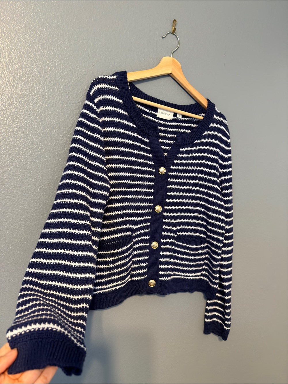 Mia & Tess Navy and White Striped Button Front Cardigan Coastal Classic Small